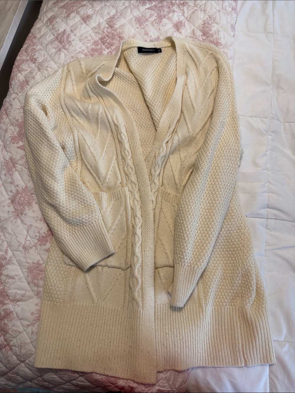 Open-Front Cream Cable Knit Cardigan Sweater